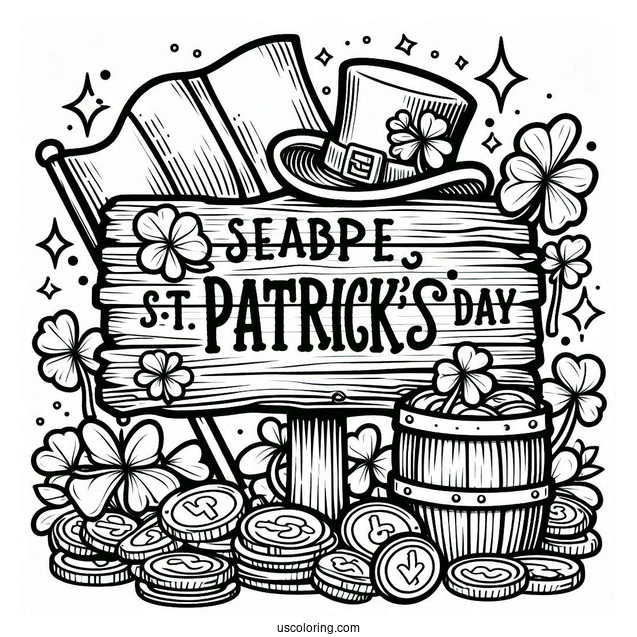 St. Patrick's Day Coloring Page Of St Patrick s Day Wooden Sign With Leprechaun Hat, Shamrocks, Irish Flag, And Gold Coins