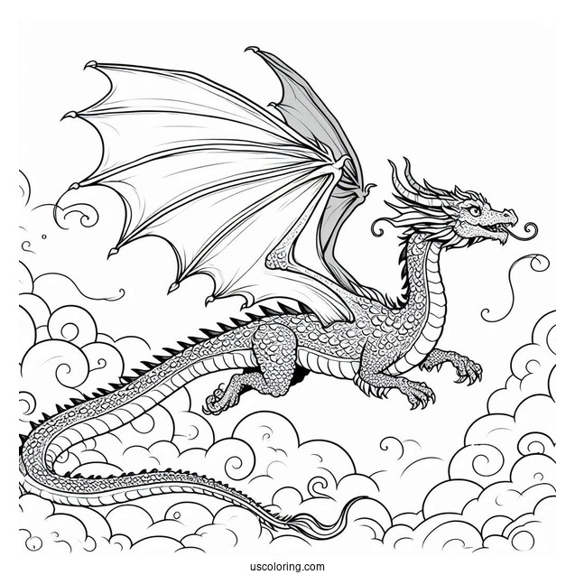 Dragon Flying In A Cloudy Sky Coloring Page