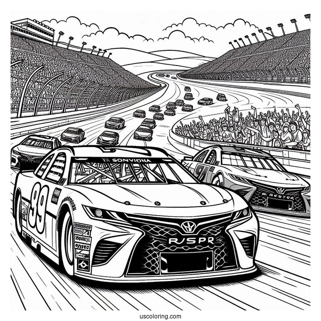 NASCAR Coloring Page Race Cars On Track With Crowd In Background