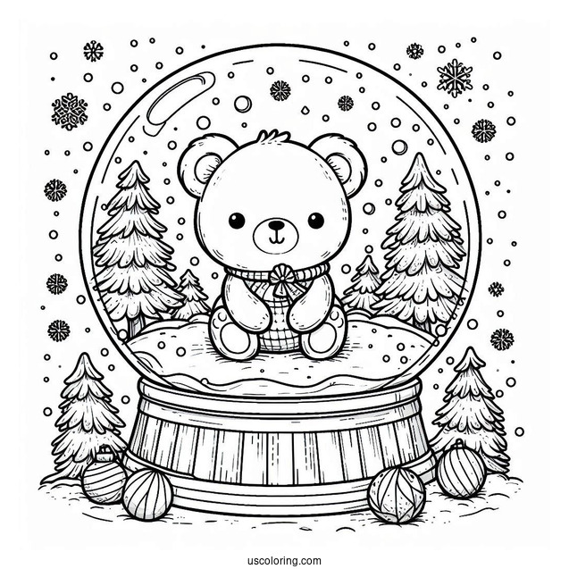 Cute Teddy Bear In Winter Snow Globe Coloring Page