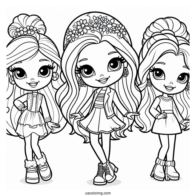 Polly Pocket Coloring Page Of Shani Smith, Lila Draper, And Nikolas Wells Grinning