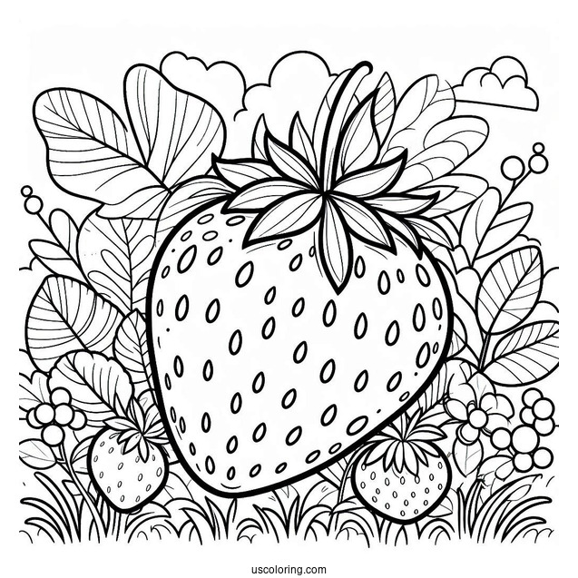 Strawberry Coloring Page In A Garden For Kids
