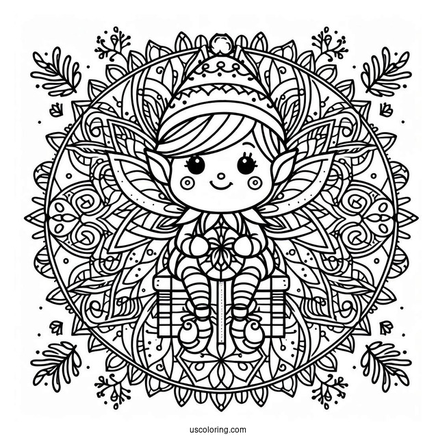 Cute Elf Sitting Inside A Christmas Mandala Coloring Page