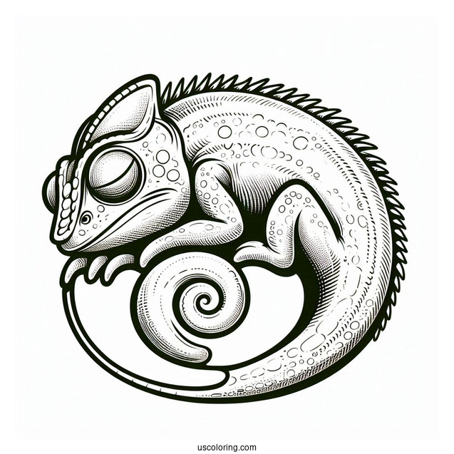 Lizard Coloring Page of Chameleon With Curled Tail Sleeping