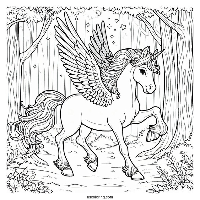 Pegasus Coloring Page Trotting In The Forest
