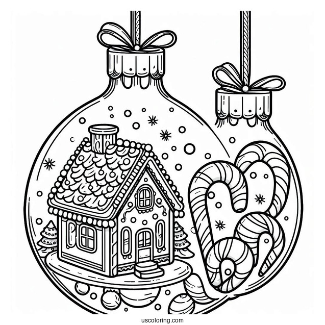 Gingerbread House And Candy Canes Inside Bauble Christmas Ornaments Coloring Page
