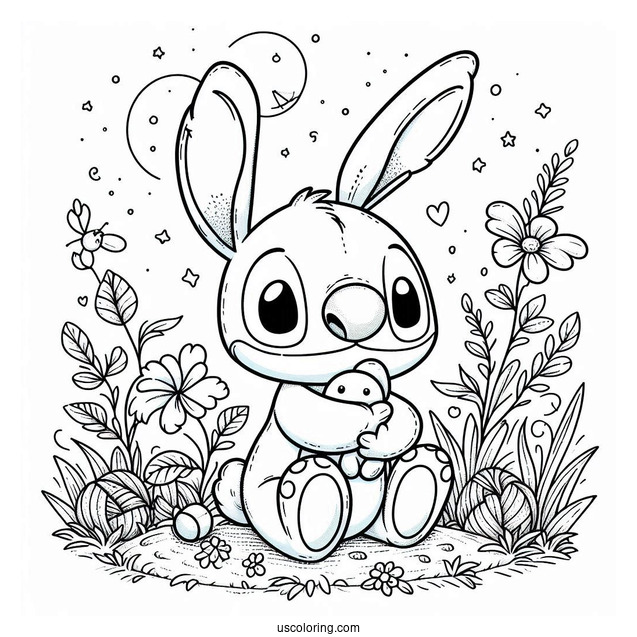Stitch With His Arm Around A Rabbit Coloring Page