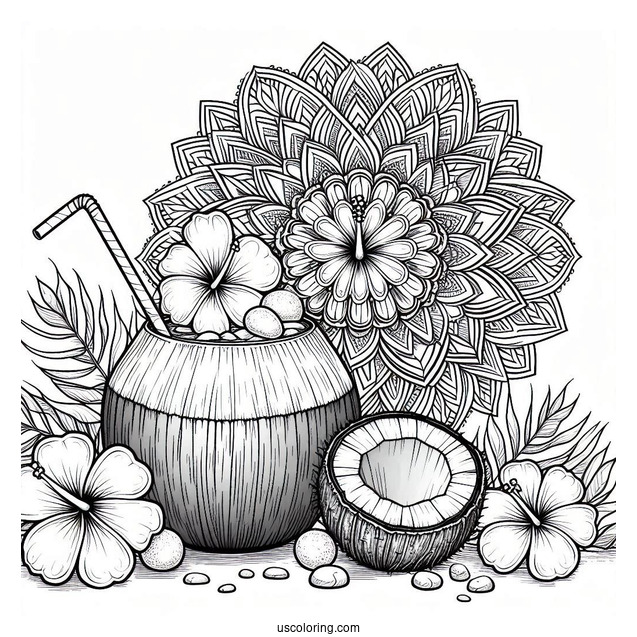 Summer Coloring Page Of Coconut Drink With Hibiscus Flower And Mandala