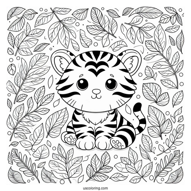 Tiny Tiger On Leaves Pattern Coloring Page