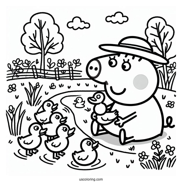 Peppa Pig Helping Baby Ducklings Coloring
