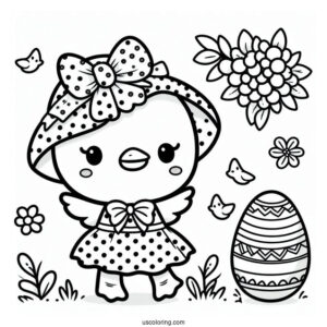 Kawaii Duck In Pola Dot Dress In Easter Coloring Page
