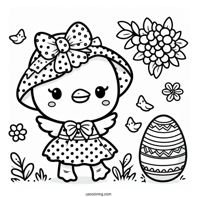 Kawaii Duck In Pola Dot Dress In Easter Coloring Page