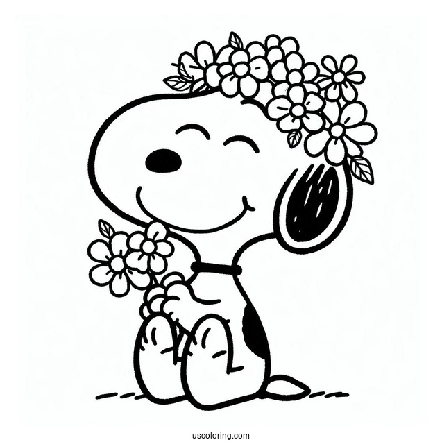 Smiling Snoopy With Flowers Coloring Picture