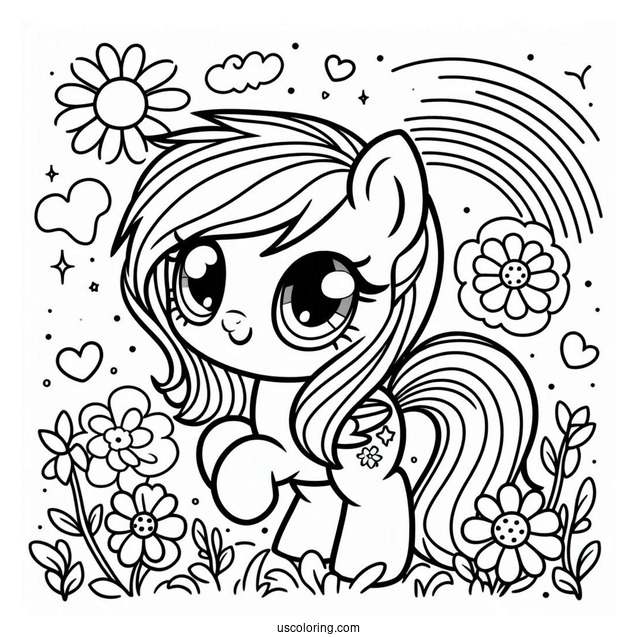 Kawaii Rainbow Dash Coloring Page In Flower Field For Preschoolers