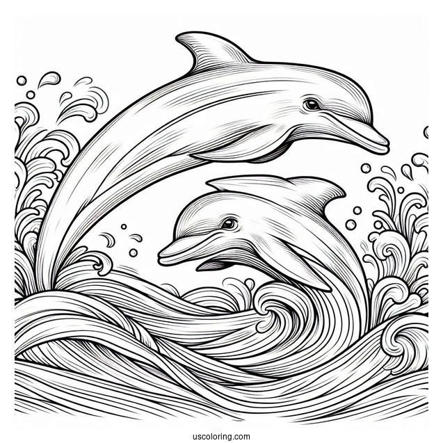 Two Dolphins Swimming In Waves