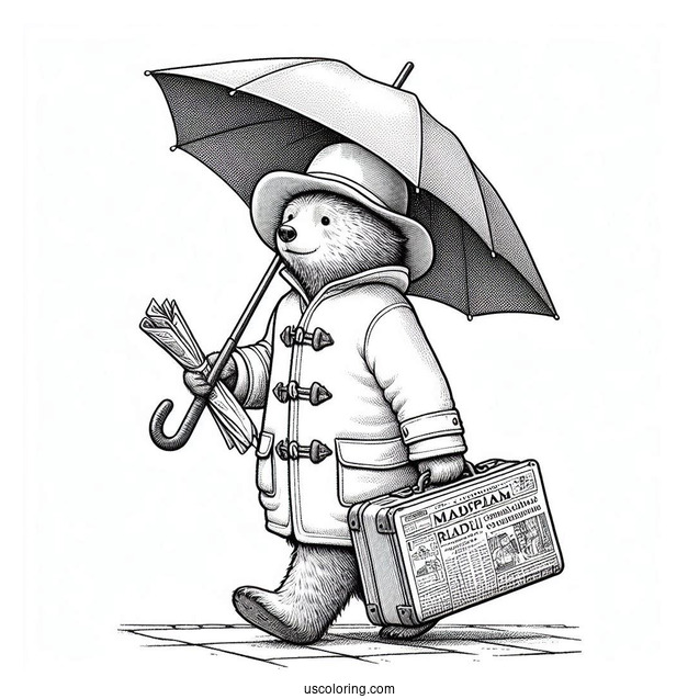 Paddington Coloring Page Carrying His Suitcase, Umbrella, And Newspapers While Walking On The Sidewalk