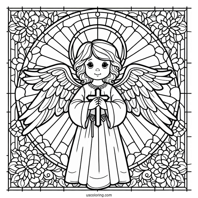 Angel Standing In Front Of A Cross Stained Glass Coloring Page