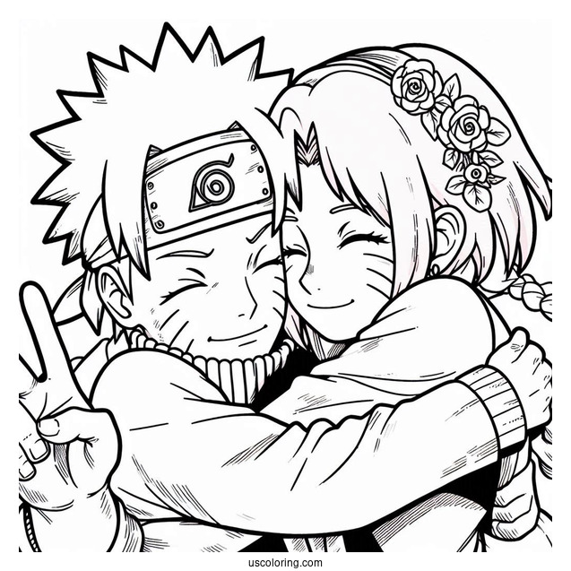 Naruto Coloring Page Of Hugging Sakura And Making Peace Sign