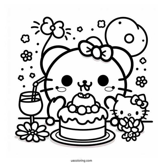 Pompompurin Eating Cake With Hello Kitty Coloring Sheet