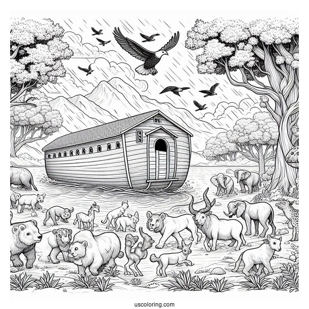 Realistic Noah's Ark Coloring Page With Animals Leaving The Ark