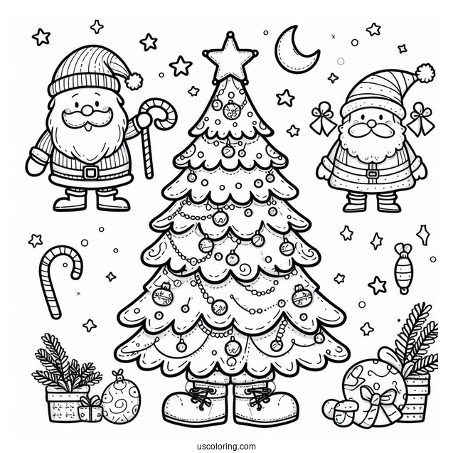 Santa Themed Christmas Tree Coloring Sheet
