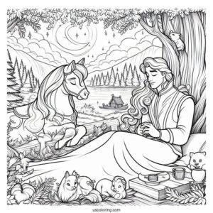 Sleeping Beauty Coloring Page Of Prince Philip Watching Aurora With The Animals In The Forest