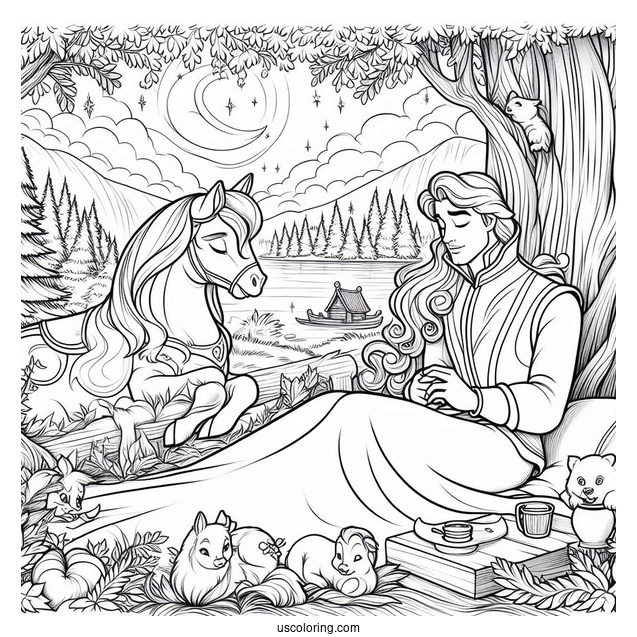 Sleeping Beauty Coloring Page Of Prince Philip Watching Aurora With The Animals In The Forest