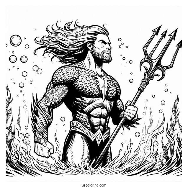 Aquaman Holding Trident Underwater Coloring Sheet