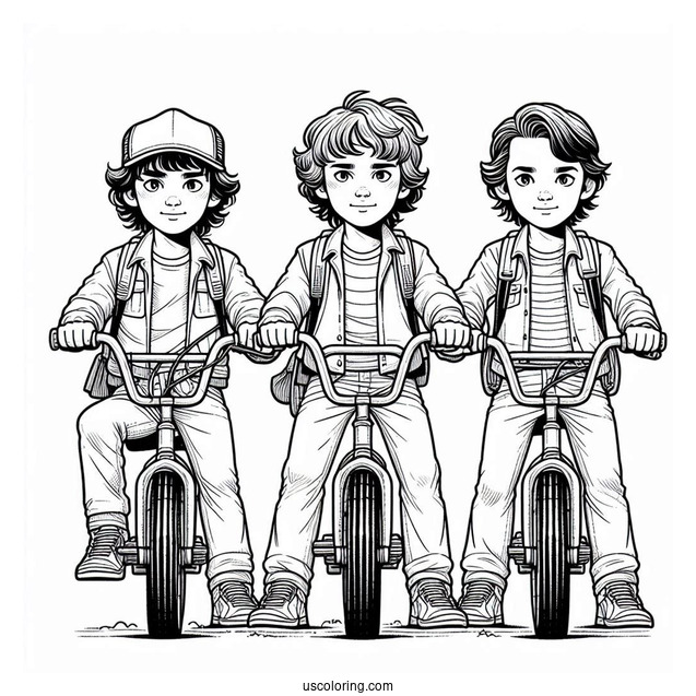 Coloring Page Of Mike, Dustin Will and Lucas On Bikes