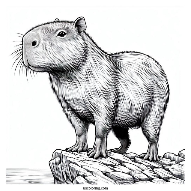 Realistic Capybara Coloring Page Standing On Cliff