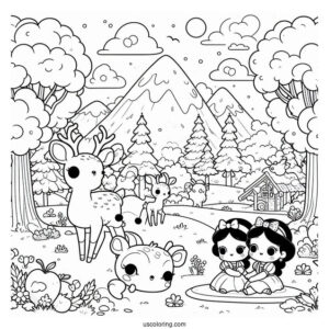 Kawaii Snow White Coloring Pages With Deer In The Forest For Preschoolers