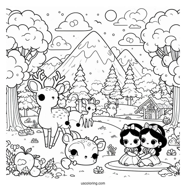 Kawaii Snow White Coloring Pages With Deer In The Forest For Preschoolers