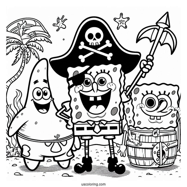 Pirate Patrick Star And SpongeBob Coloring Page On Halloween