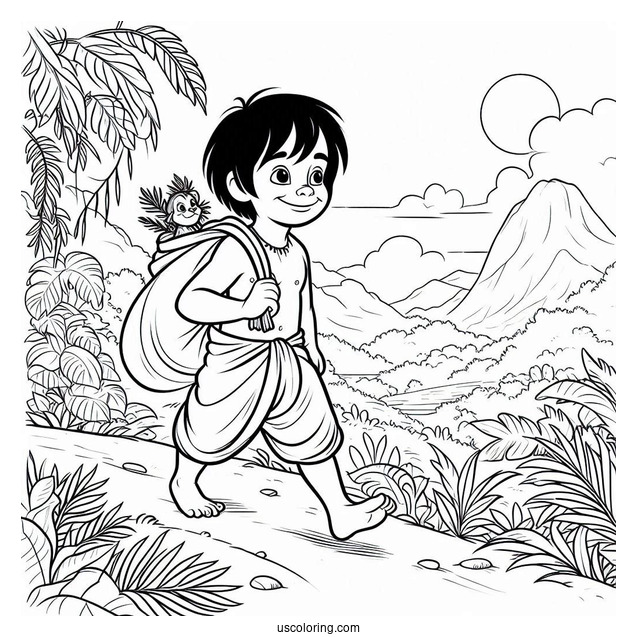 Jungle Book Coloring Page Of Young Mowgli Walking With Hathi Jr For Preschoolers