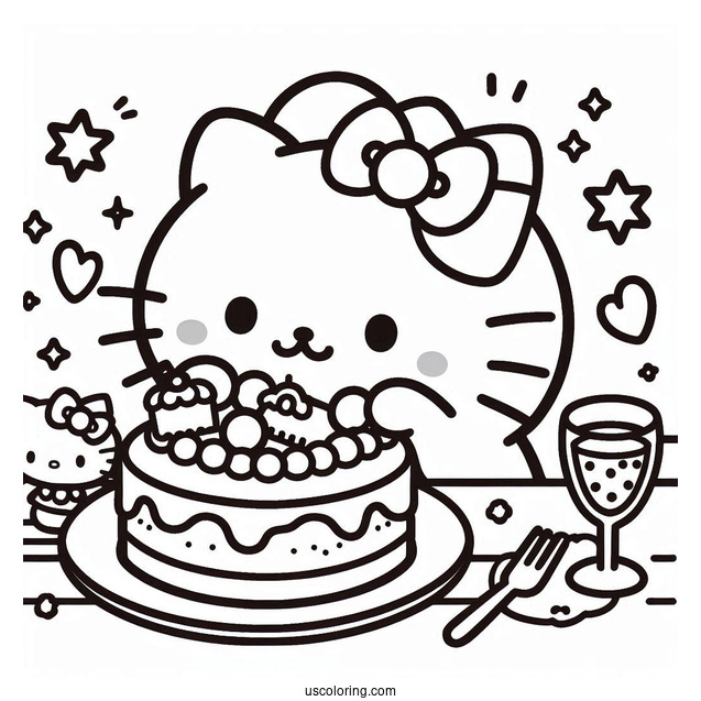 Pompompurin Eating Cake With Hello Kitty Coloring Sheet