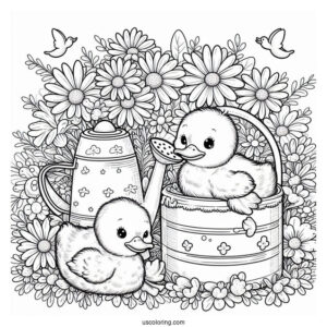 Spring Ducklings In A Watering Can Surrounded by Daisies Coloring Sheet