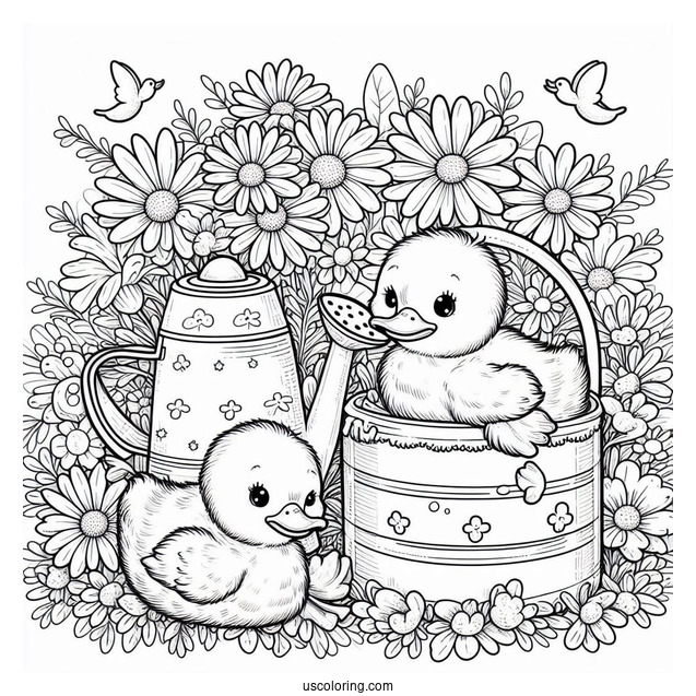 Spring Ducklings In A Watering Can Surrounded by Daisies Coloring Sheet
