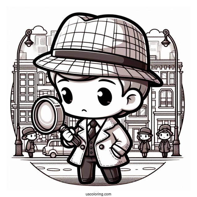 Mysterious Chibi Coloring Page Detective Holding Magnifying Glass in a City Street