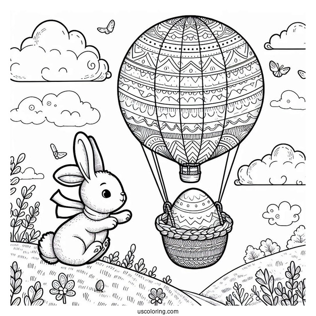 Easter Coloring Page Of Rabbit Flying In An Easter Egg Hot Air Balloon