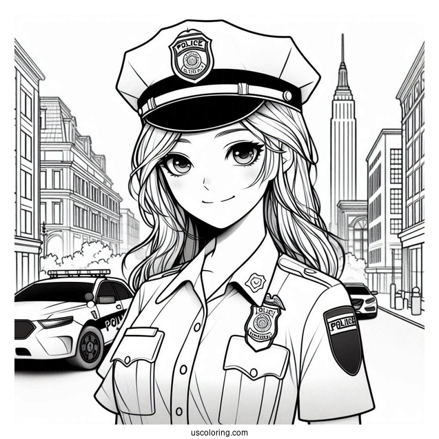 Police Woman In Front Of Police Station To Color