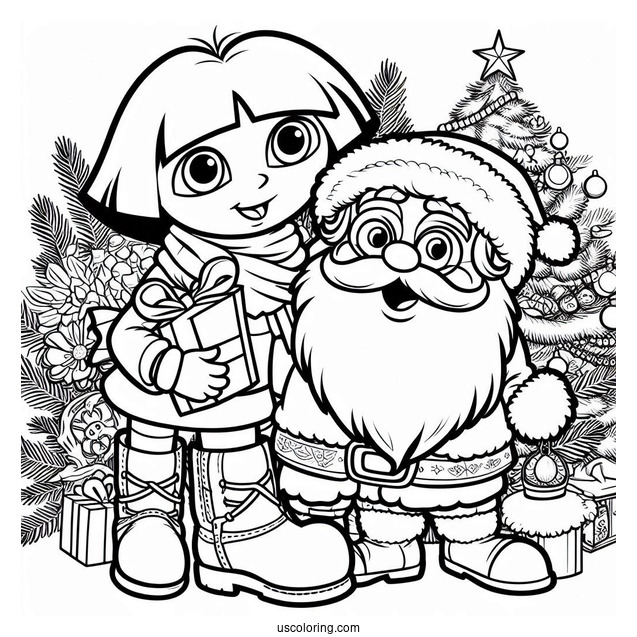 Dora With Boots And Santa Coloring Sheet