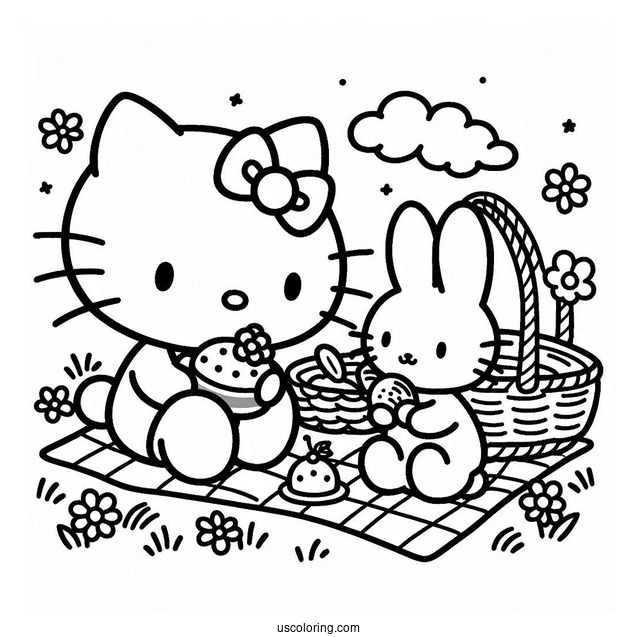 Hello Kitty And Miffy Coloring Page Having A Picnic