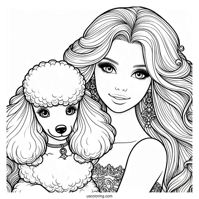 Barbie Holding Poodle Dog To Color