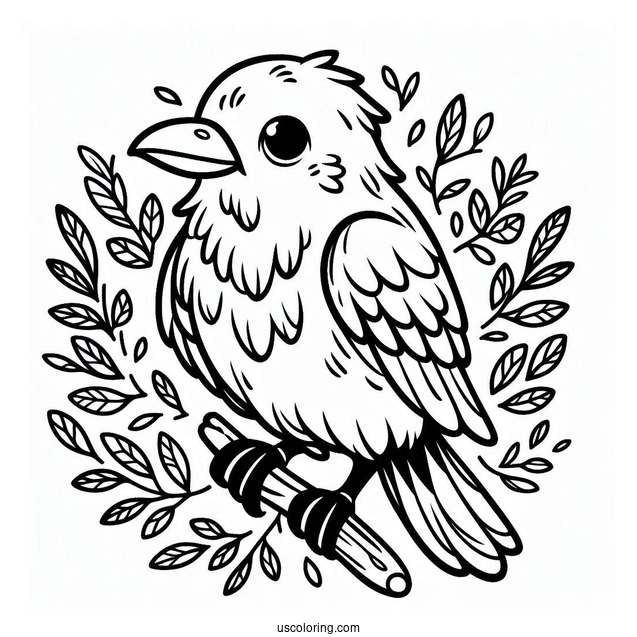 Baby Raven Coloring Page With Leaves For Kids