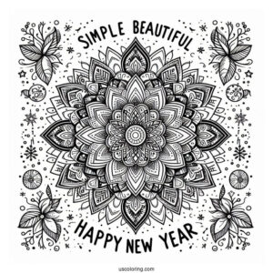 Happy New Year Coloring Page Of Words Below A Festive Mandala