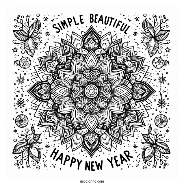 Happy New Year Coloring Page Of Words Below A Festive Mandala