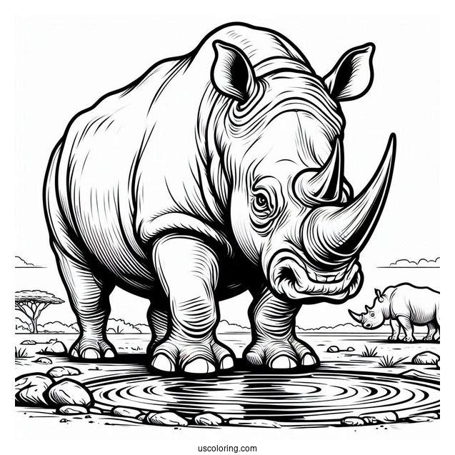 Angry Looking Rhino Next To Watering Hole