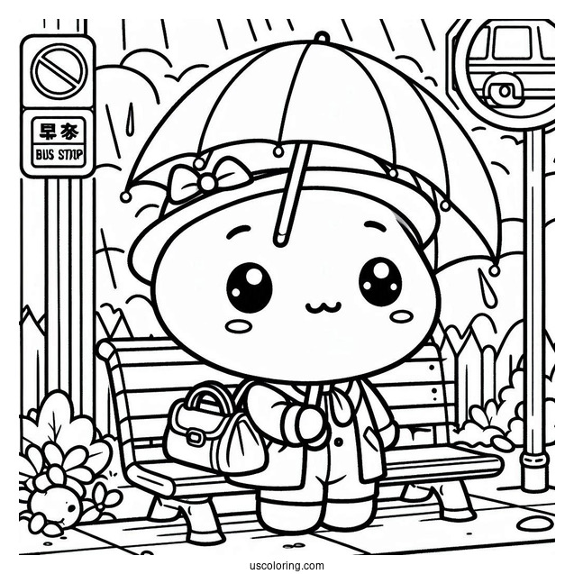 Pochacco Coloring Page Waiting At Bus Stop With Umbrella
