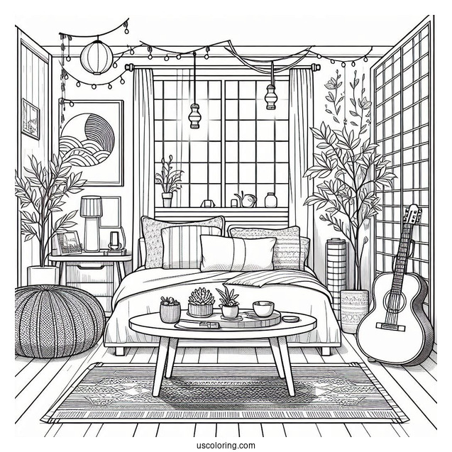 Bedroom Coloring Page Japanese Theme Bedroom With Plants And Guitar