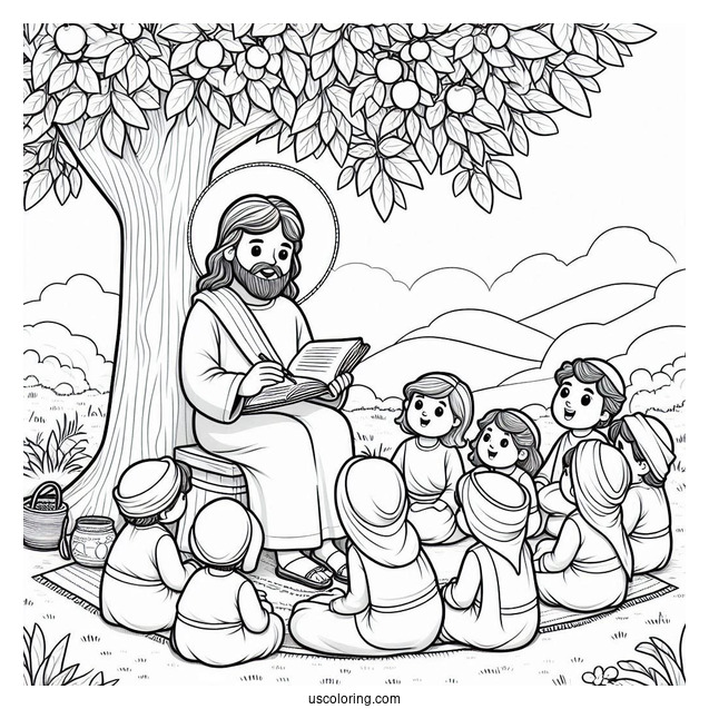 Cartoon Jesus Coloring Page Teaching Children Under The Tree For Kids